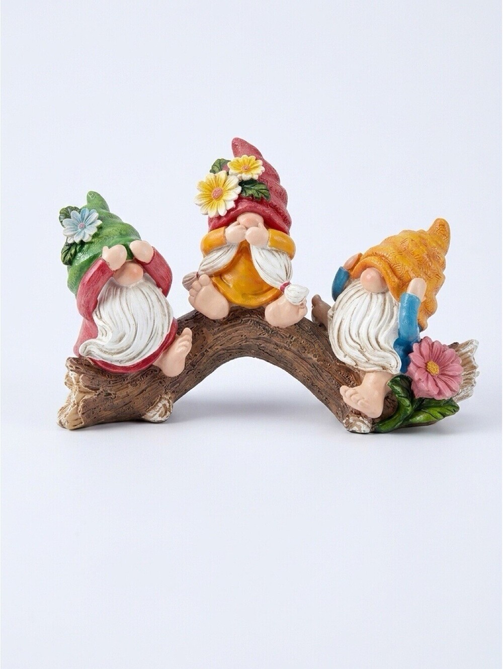 Hodao See Hear Speak No Evil Gnomes Figurine Flowers Garden Decor 7"